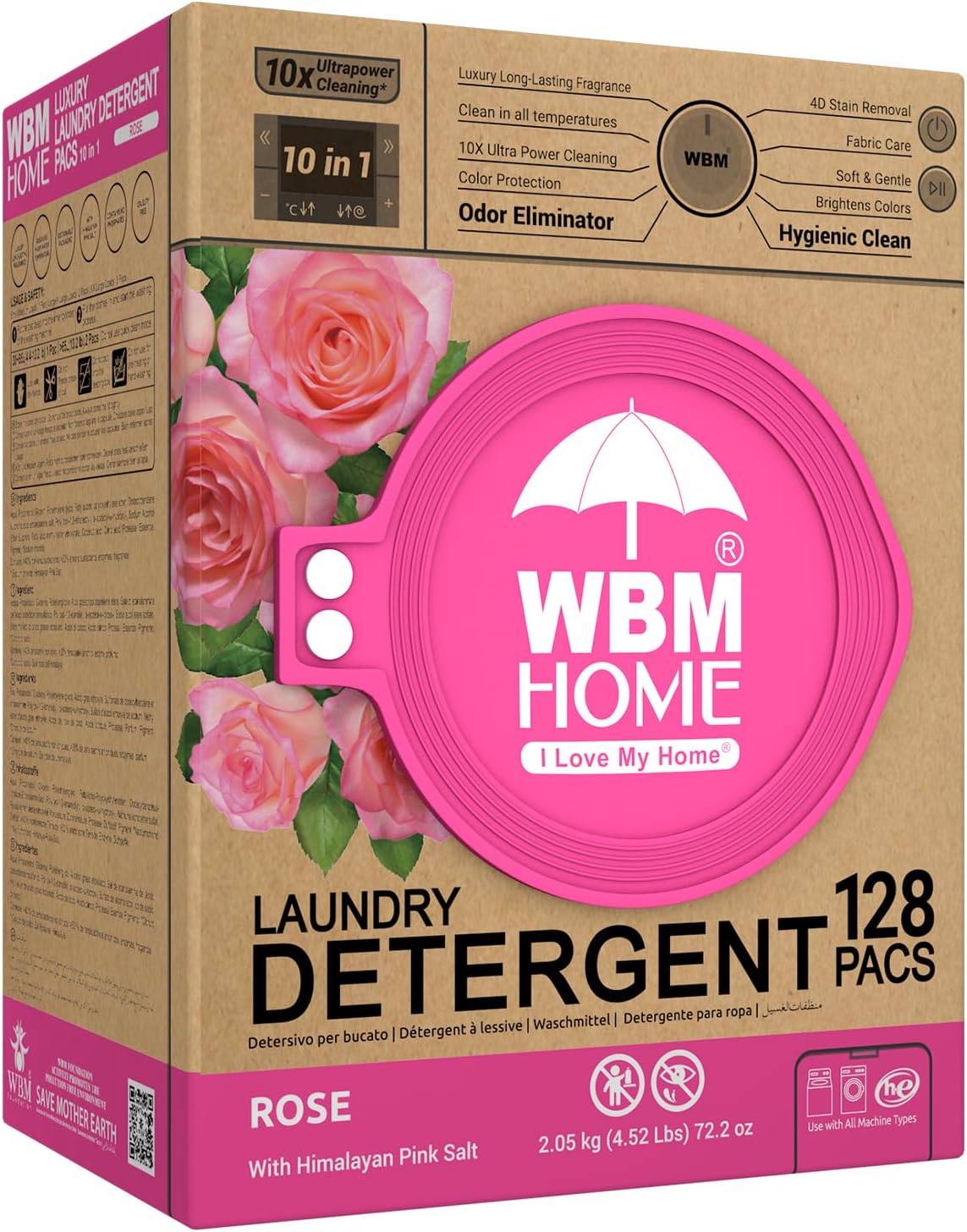 WBM 10-in-1 Laundry Pods, Total 128 Count, High Efficiency, Ultra Concentrate with Powerful Stain Lifter Technology, Fabric Softener With Rose Extracts, Detergent Pods