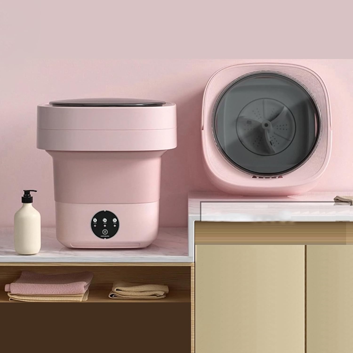 15L Portable Washing Machine, Mini Washing Machine, Foldable Collapsible Washer, 2-in-1 Smart Washer with Blue Light, for Baby Clothes, Underwear, Camping, RV(Pink)