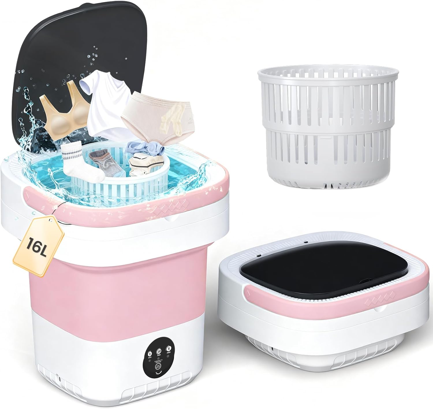Portable Washing Machine - 16L Mini Foldable Washer with Spin Basket, 3 Cleaning Modes & Deep Cleaning for Small Clothes, Collapsible Laundry for Apartment, Home, Hotel and Travel (Pink)