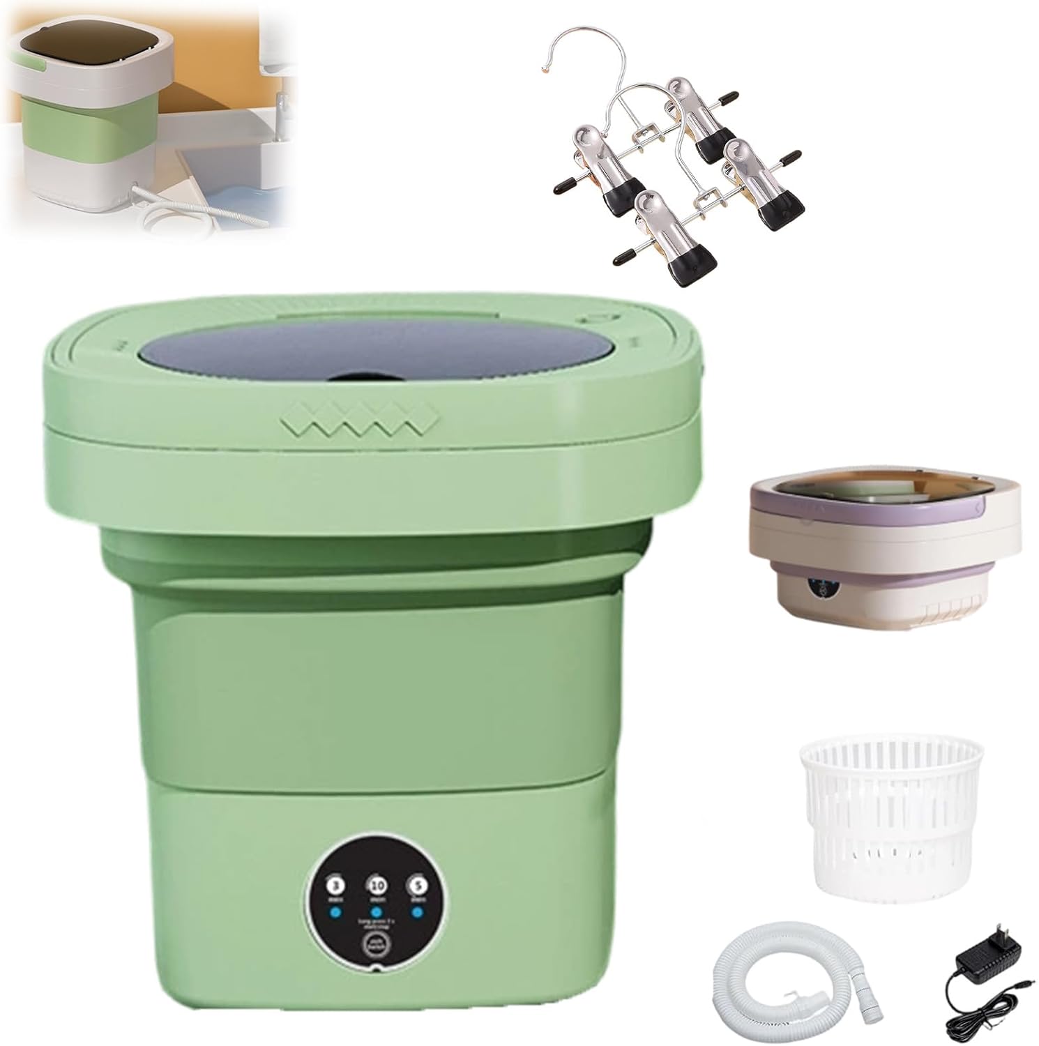 Foldable Portable Washing Machine Travel, 12L Foldable Washer and Dryer with Spin Basket, 3 Modes Deep Cleaning, Low-Noise Motor Design, Gentle Tumbling Reduces Clothing Entanglement (Green 12L)