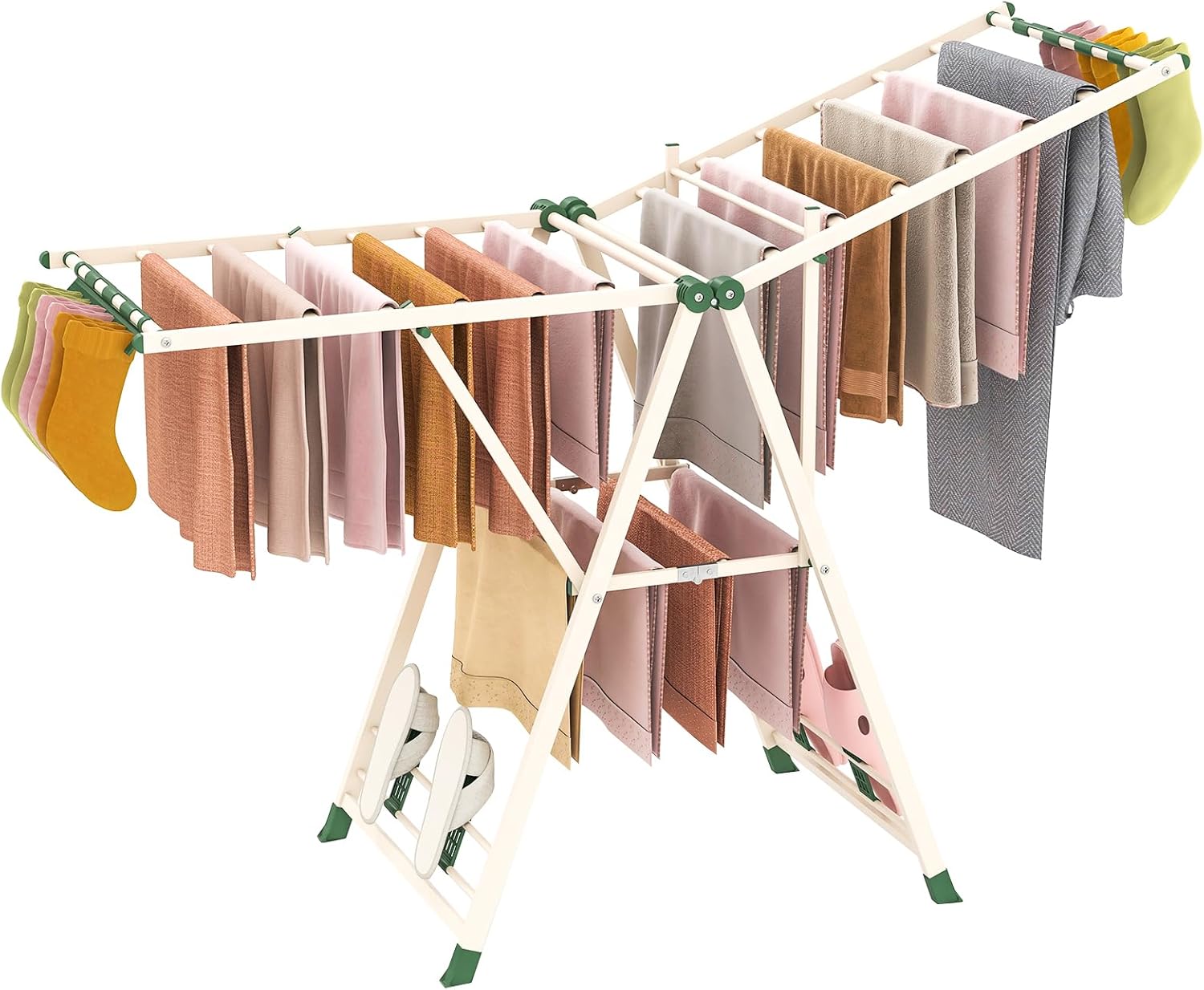 Giantex Clothes Drying Rack, Foldable Metal Laundry Drying Rack with Height Adjustable Wings, 16 Drying Rails, Sock Clips & Shoe Racks, Freestanding Clothing Stand for Indoor & Outdoor, Beige