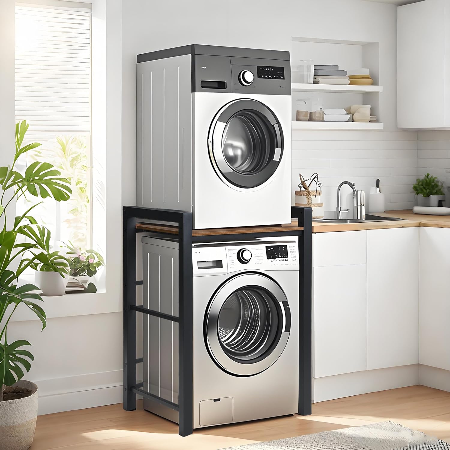 Washer Dryer Stacking Rack Stand, Heavy Duty Steel Standing Storage Shelf Washing Machine Shelf, Over The Washer and Dryer Shelves Space Saving, Load Capacity 300kg, for Bathroom Laundry Room (black)