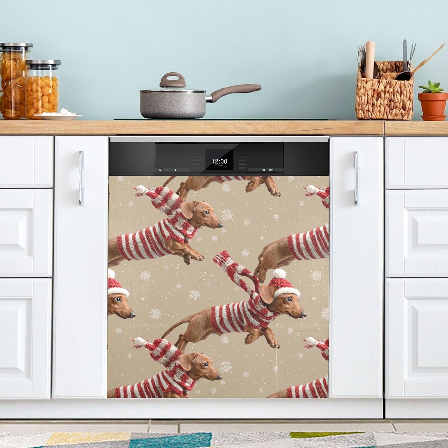 Pfrewn Christmas Winter Magnetic Dishwasher Cover Happy Dachshund Dogs Christmas Fridge Door Covers Kitchen Decal Vinyl Panel Decorative Refrigerator Laundry Appliances 23x26in
