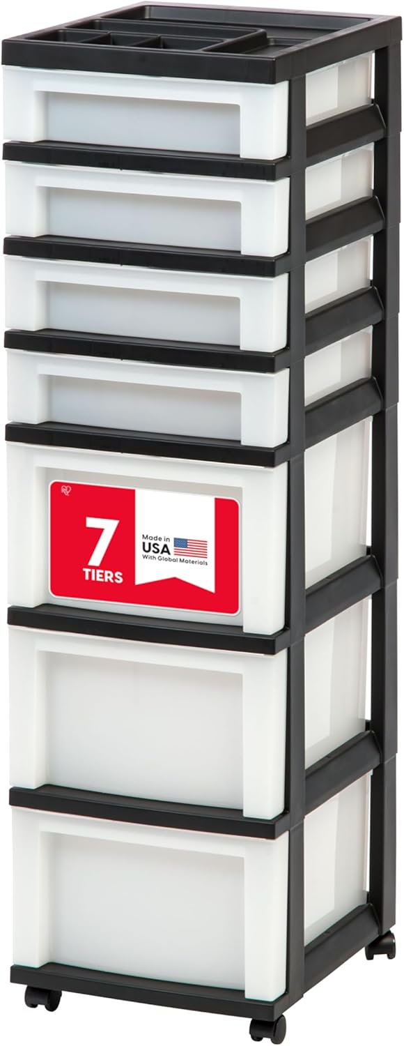 IRIS USA Plastic Drawer Storage Organizer Rolling Cart, with Wheels Casters, 7-Drawers, for Classroom Art Craft Supplies Dresser Closet Bathroom Laundry Room, Black/Pearl