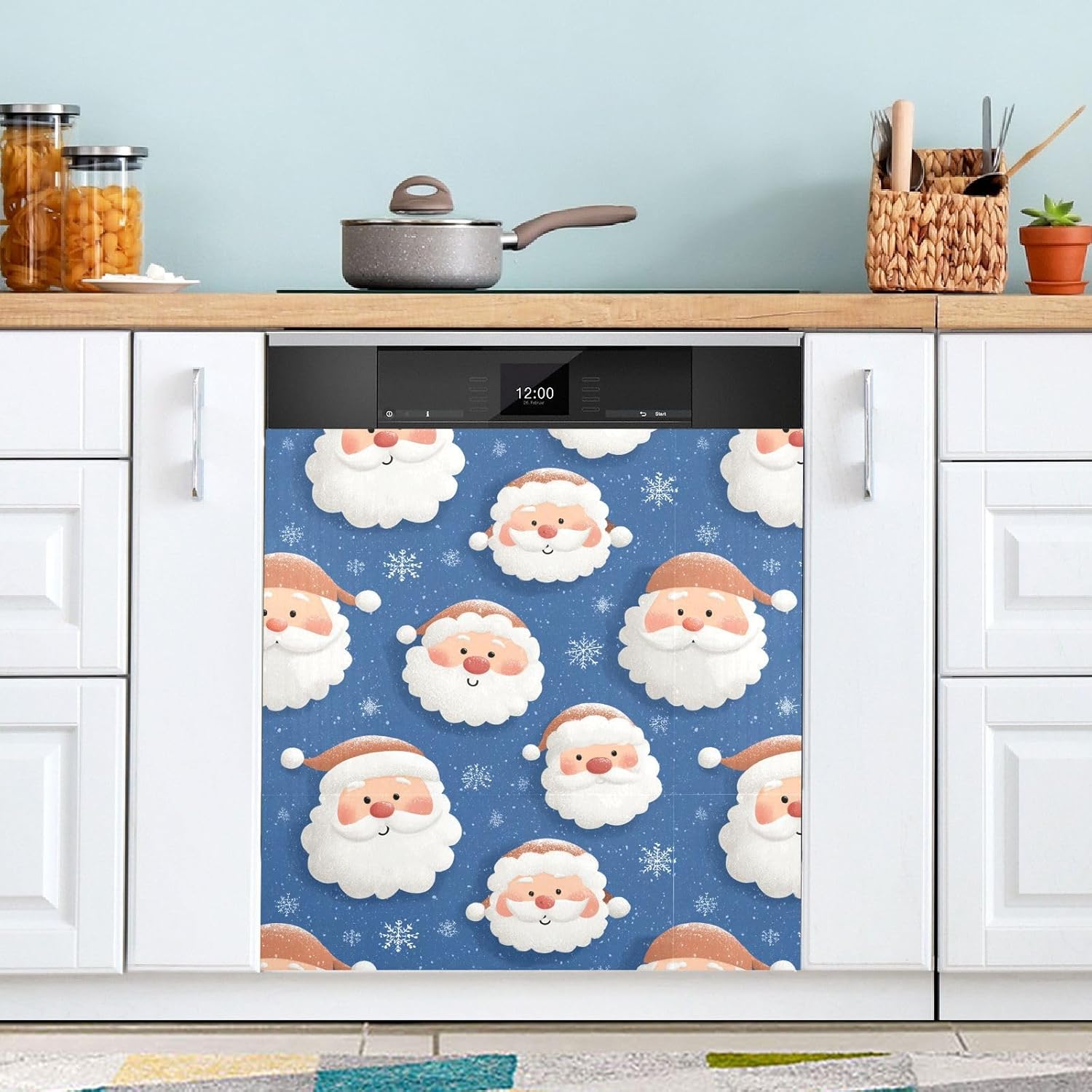 Pfrewn Christmas Winter Magnetic Dishwasher Cover Cartoon Santa Claus Snow Blue (1) Fridge Door Covers Kitchen Decal Vinyl Panel Decorative Refrigerator Laundry Appliances 23x26in