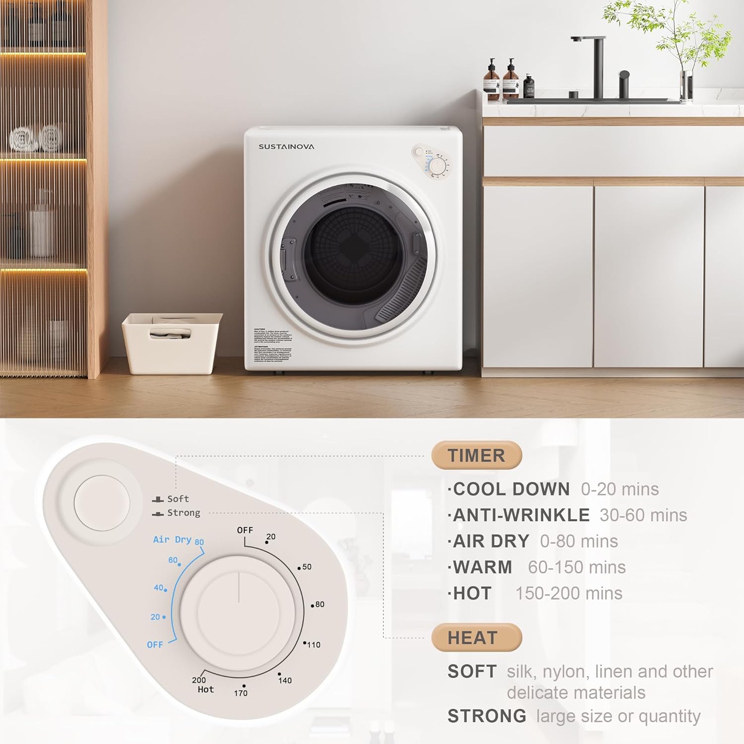 Elevon Portable Clothes Dryer 1350W, Compact Dryer for laundry with 5 Drying Modes, 2.6 Cu.ft Front Load Dryer Machine, Stainless Steel Tub for Small Space, RVs, Overheat Protection, Black & White