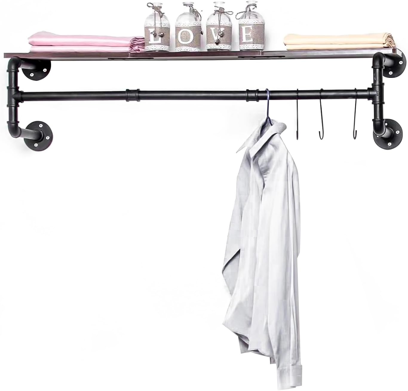 Industrial Pipe Clothes Rack, Wall Mounted Garment Rack, Heavy Duty Black Iron Garment Bar, Multi-purpose Clothes Hanging Rod for Bedroom, Laundry Room