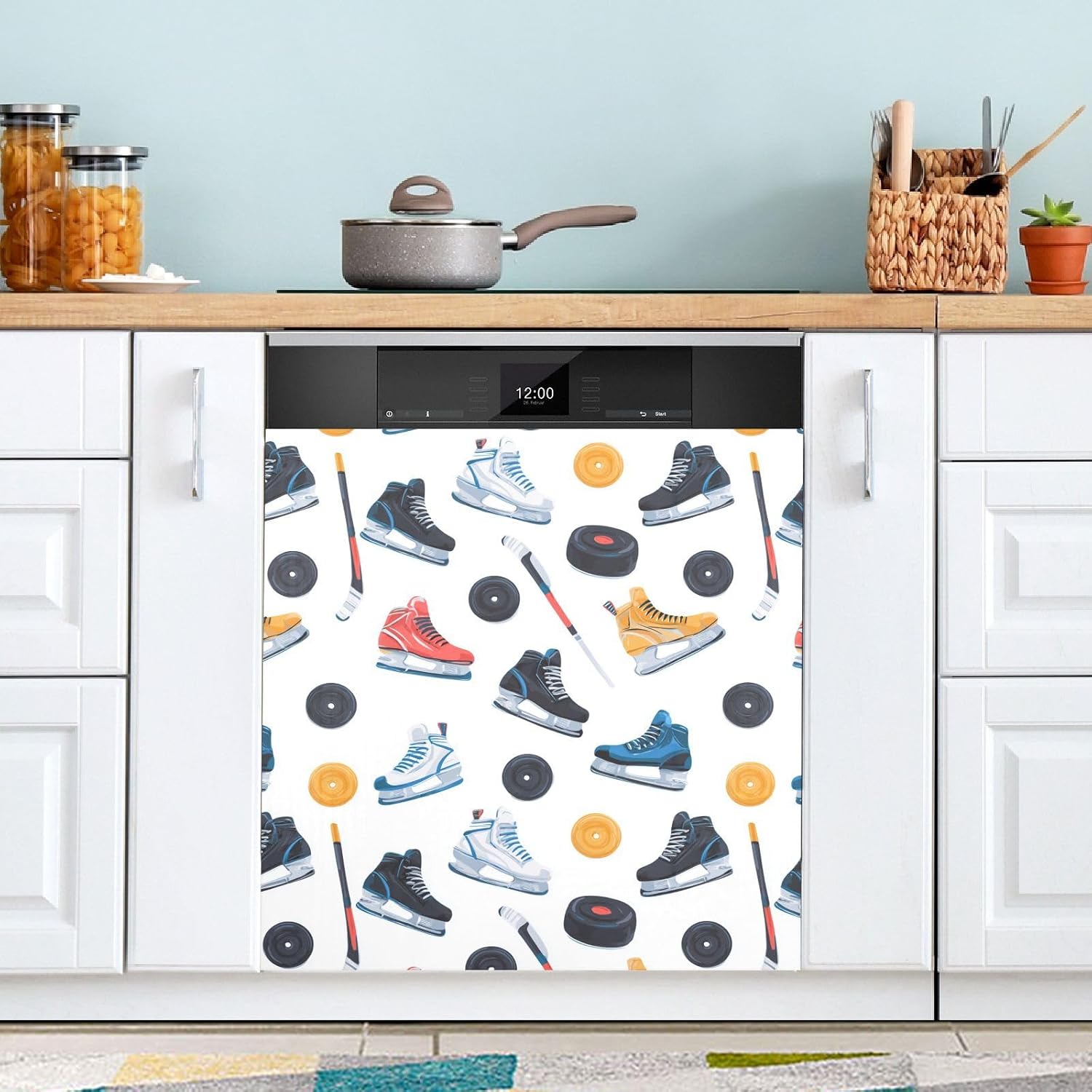 Pfrewn Christmas Winter Magnetic Dishwasher Cover Ice Hockey Skaters Sticks (4) Fridge Door Covers Kitchen Decal Vinyl Panel Decorative Refrigerator Laundry Appliances 23x26in