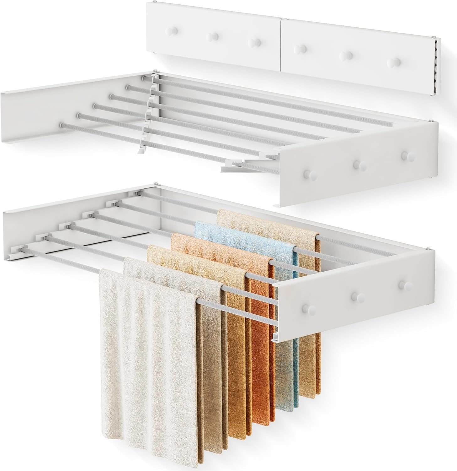 Upgrade Drying Rack Clothing,Clothes Drying Rack Wall Mounted,Laundry Drying Rack Wall Mount,Foldable,Collapsible,Retractable,6 Aluminium Poles,with Hooks,(White 35.5