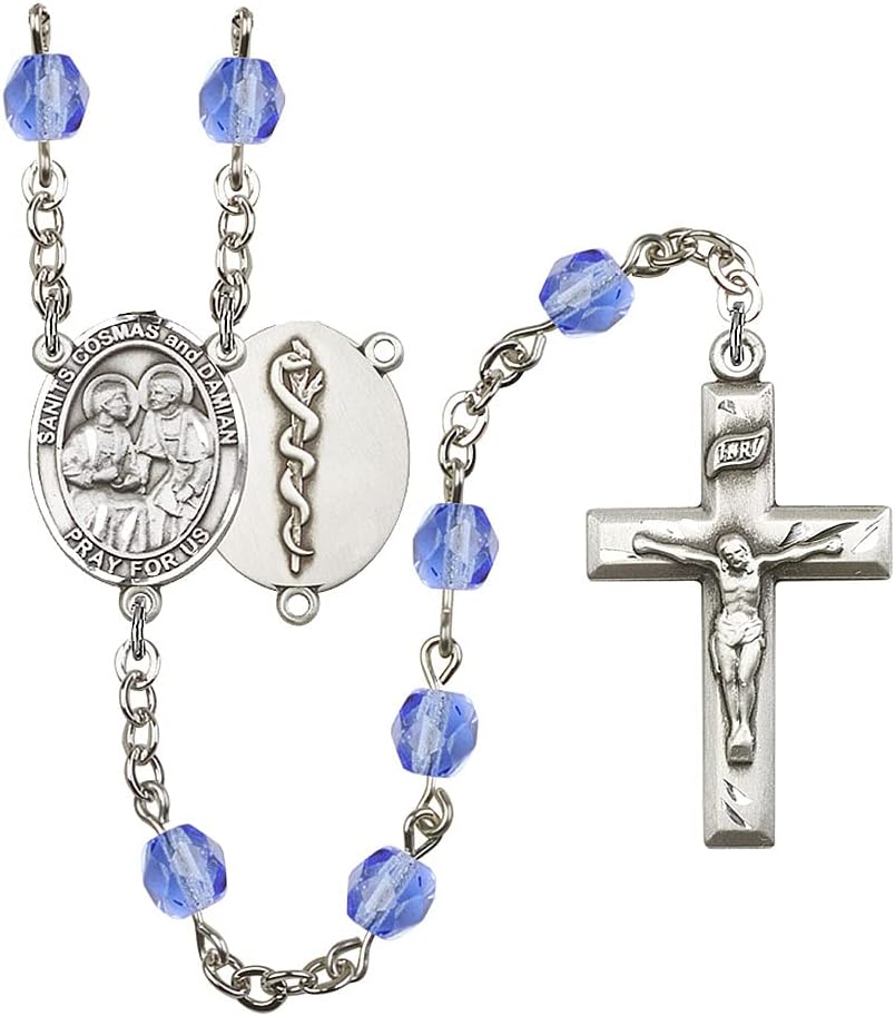 STS. Cosmas & Damian / Doctor Rosary, 6mm Sapphire Fire Polished Beads, Silver Plate, 3/4