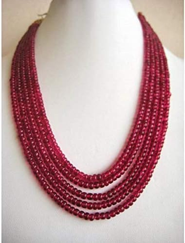 JEWELZ ruby multi strand necklace, imitation ruby, rondelle beads, plain rondelles, 5mm each, 5 strands, 14 inch