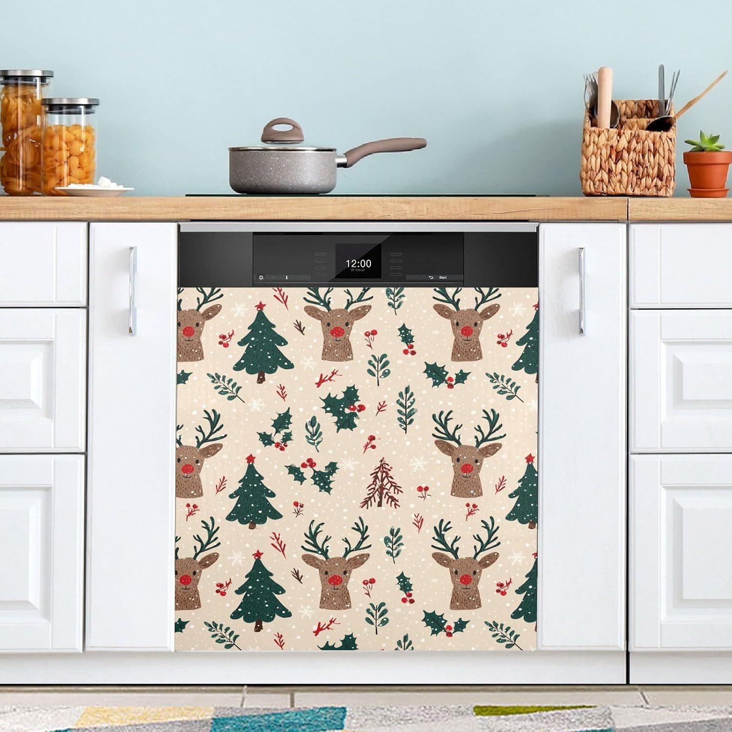 Pfrewn Christmas Winter Magnetic Dishwasher Cover Cute Deer Winter Animal Tree (4) Fridge Door Covers Kitchen Decal Vinyl Panel Decorative Refrigerator Laundry Appliances 23x26in