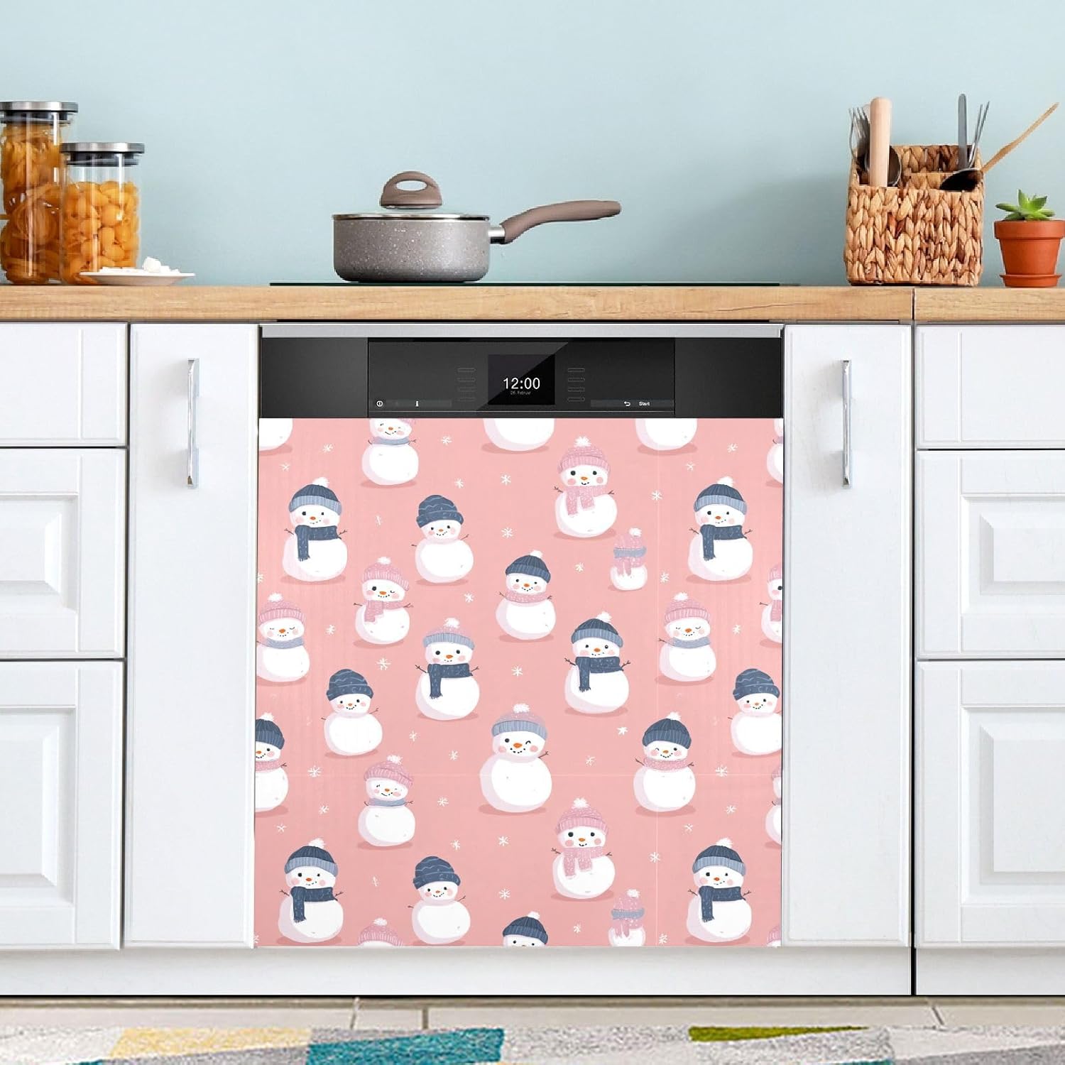 Pfrewn Christmas Winter Magnetic Dishwasher Cover Cartoon Snowmen on Pink Snow (1) Fridge Door Covers Kitchen Decal Vinyl Panel Decorative Refrigerator Laundry Appliances 23x26in
