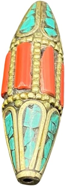 Handcrafted 13g Nepalese Tibetan Brass Bead with Turquoise & Coral Inlay – Vintage Ethnic Dzi Style Barrel Bead for Jewelry Making
