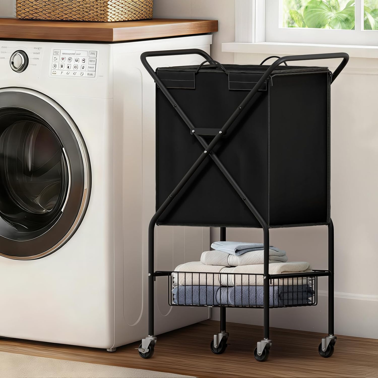 Laundry Basket with Wheels:88L Rolling Laundry Cart Foldable Metal Frame Dirty Clothes Laundry Hamper 36