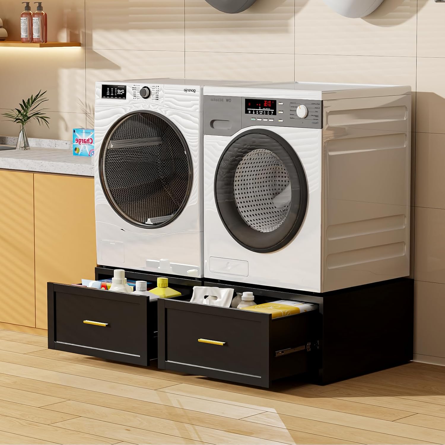 2 Pack Laundry Pedestal with Drawers, Metal Washer Dryer Pedestal Set of 2, 16''H 880 LBS Metal Heavy Duty Laundry Stand, Washer Dryer Pedestal Stand base with Drawer Storage- Black