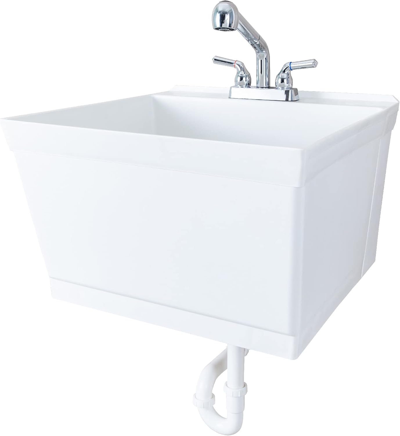 JS Jackson Supplies Tehila White Wall-Mounted Utility Sink Tub Kit with Chrome Finish Pullout Faucet, Wall-Mounted Utility Tub with Wall Bracket for Laundry Room, Garage, Workshop