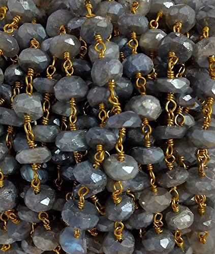 3 Feet Natural Mistique Labradorite Rosary Beaded Chain - Mystic Labradorite Beads Size 6-7mm - 24K Gold Plated Wire Wrapped Chain