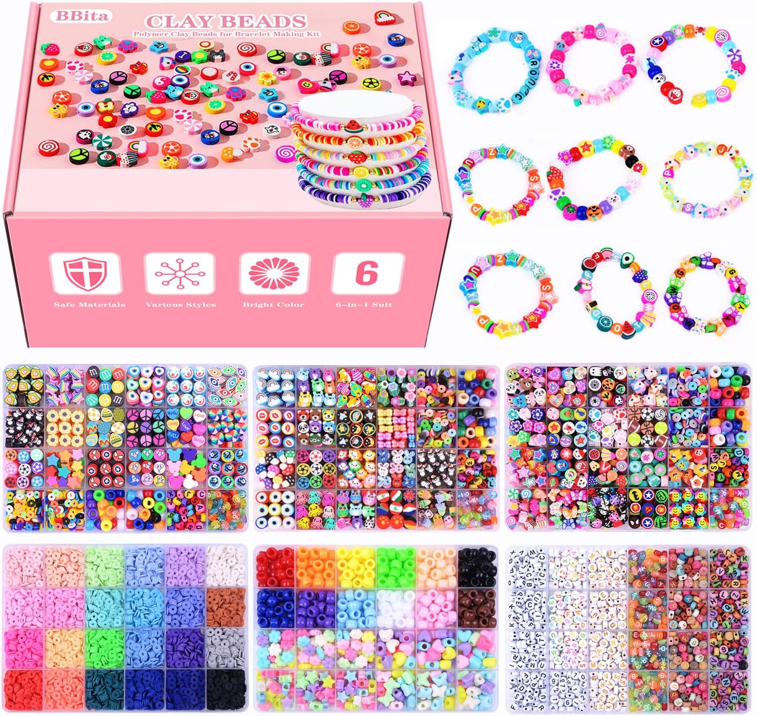 Christmas Gift Set,10000PCS Polymer Clay Beads Bracelet Making kit, Cute Fun Beads Fruit Flower Animal Cake Butterfly Heart Beads Charms for Jewelry Making DIY Accessories for Children Girls