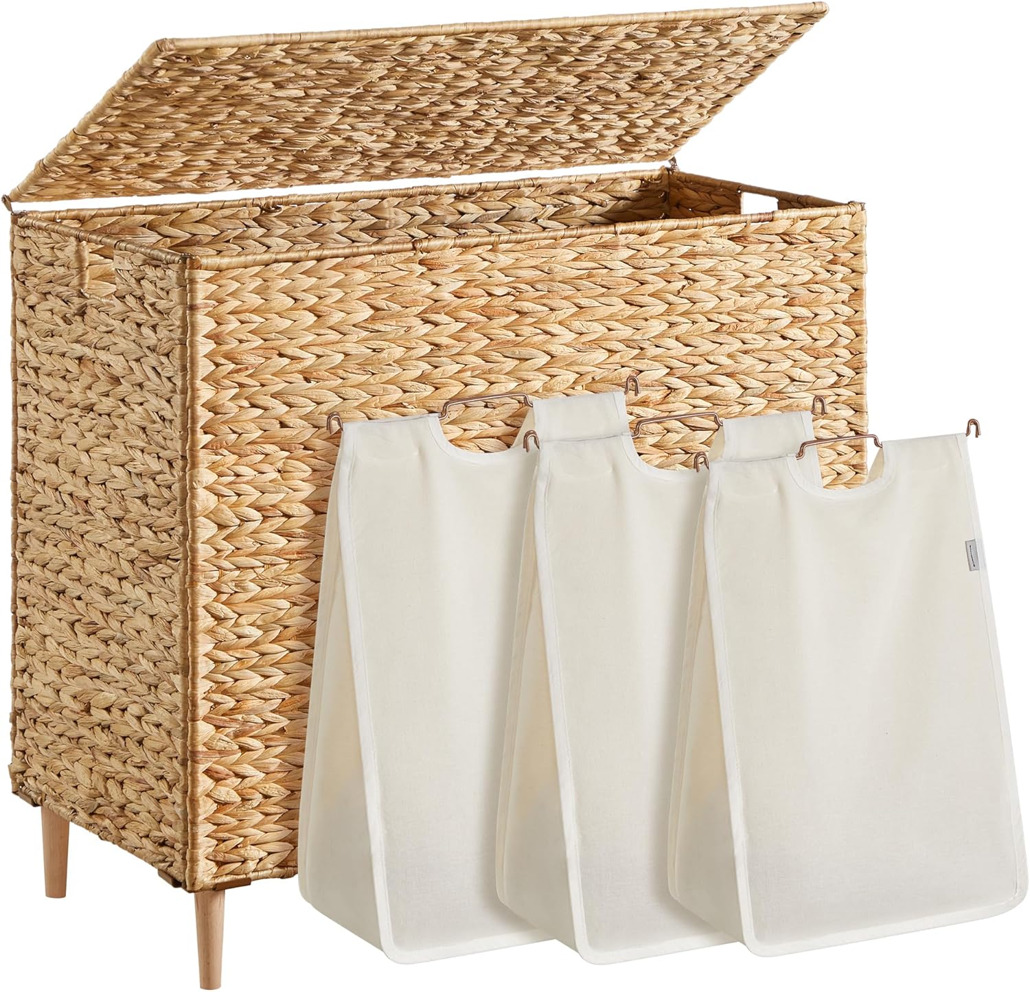 SONGMICS Laundry Hamper 3 Sections, 47.5 Gal. (180 L) Handwoven Water Hyacinth Wicker Laundry Basket with Lid, Natural Material, Removable Machine Washable Liners, Handles, Natural ULCB203Y01