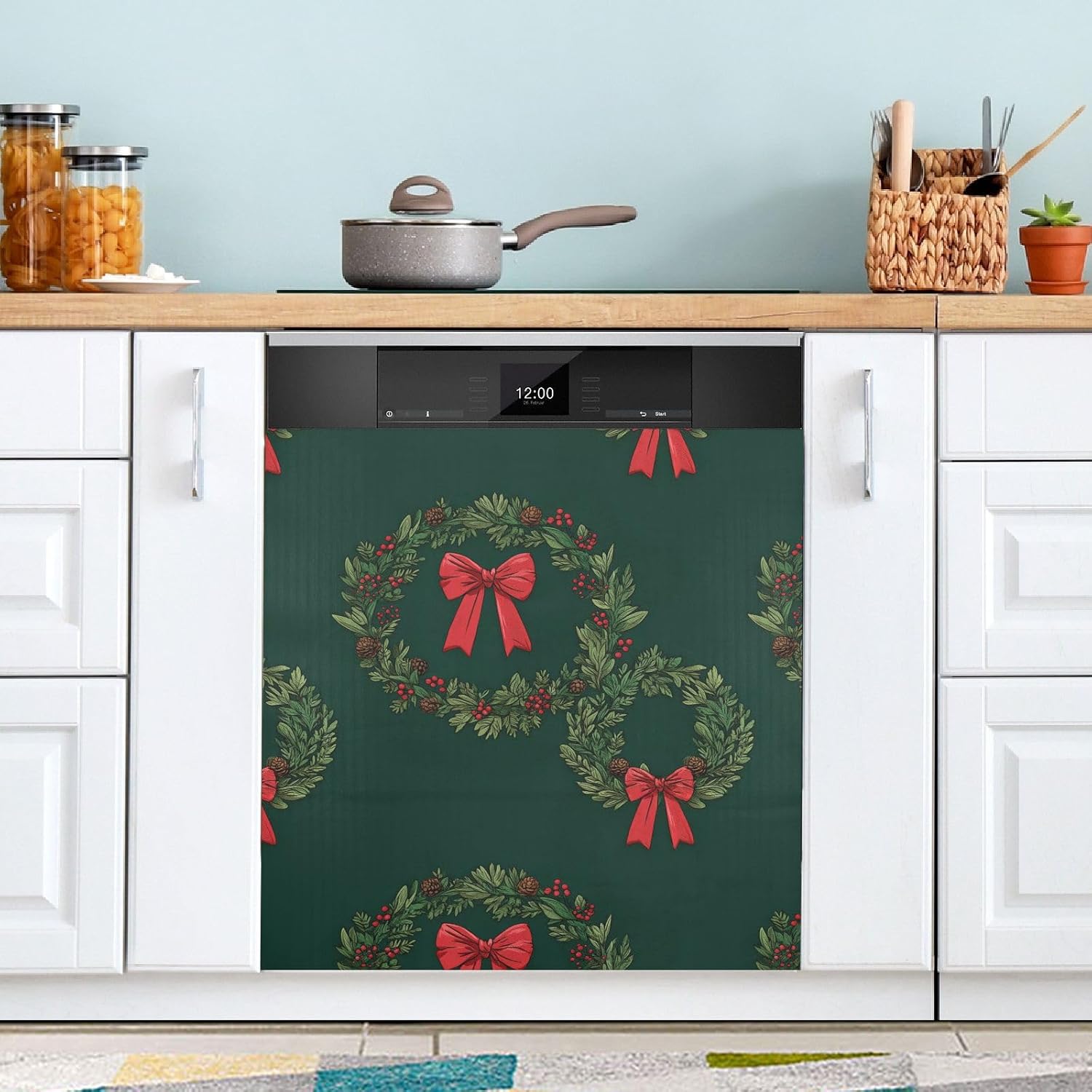 Pfrewn Christmas Winter Magnetic Dishwasher Cover Christmas Wreath with Bow (3) Fridge Door Covers Kitchen Decal Vinyl Panel Decorative Refrigerator Laundry Appliances 23x26in