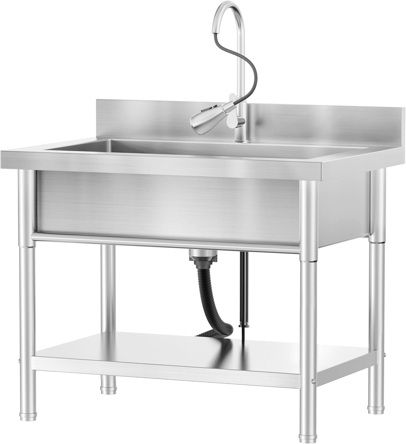 Stainless Steel Utility Sink Single Bowl Freestanding Laundry Sink with Pull-Out Faucet,for Laundry Room Farmhouse Indoor and Outdoor Sink Pet Cleaning