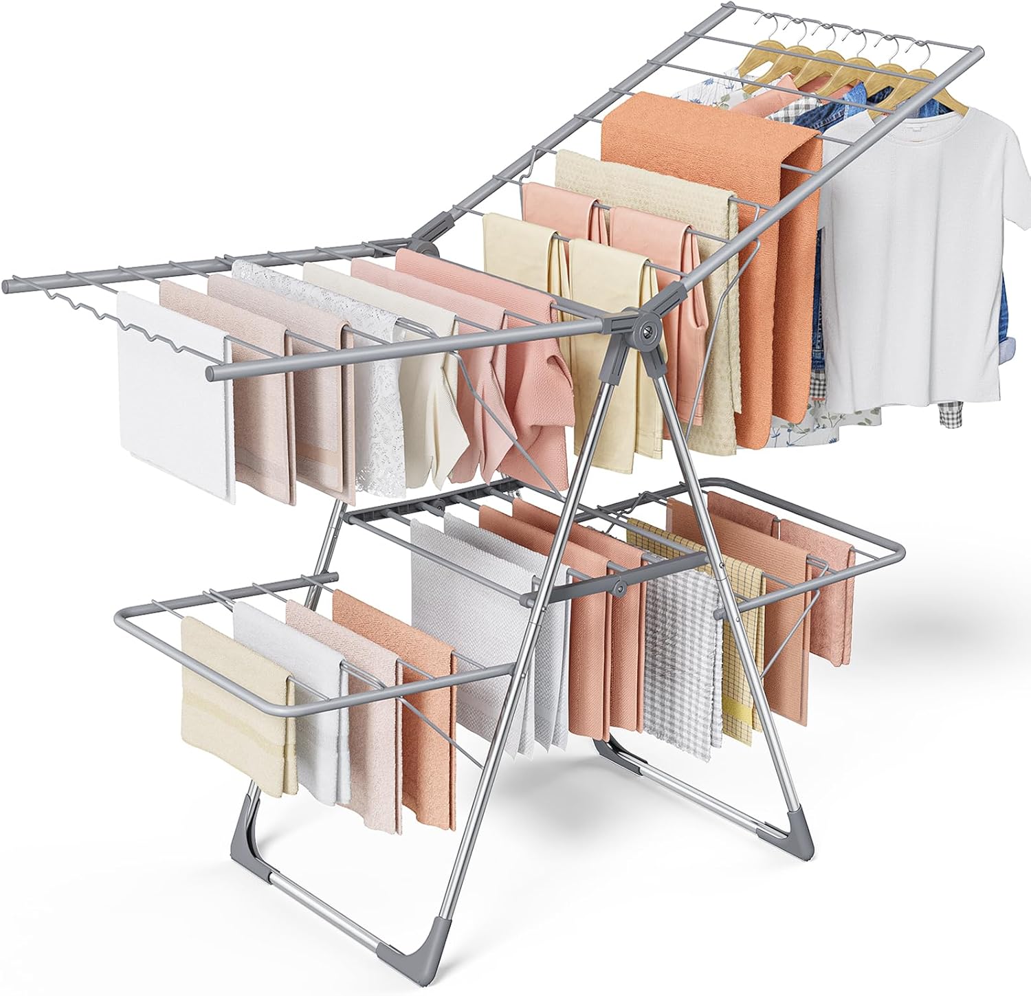 Clothes Drying Rack, Foldable 2-Level Laundry Drying Rack with Height-Adjustable Wings, for Clothing & Bedding, Free-Standing Space-Saving Rack, Indoor & Outdoor, 55.5