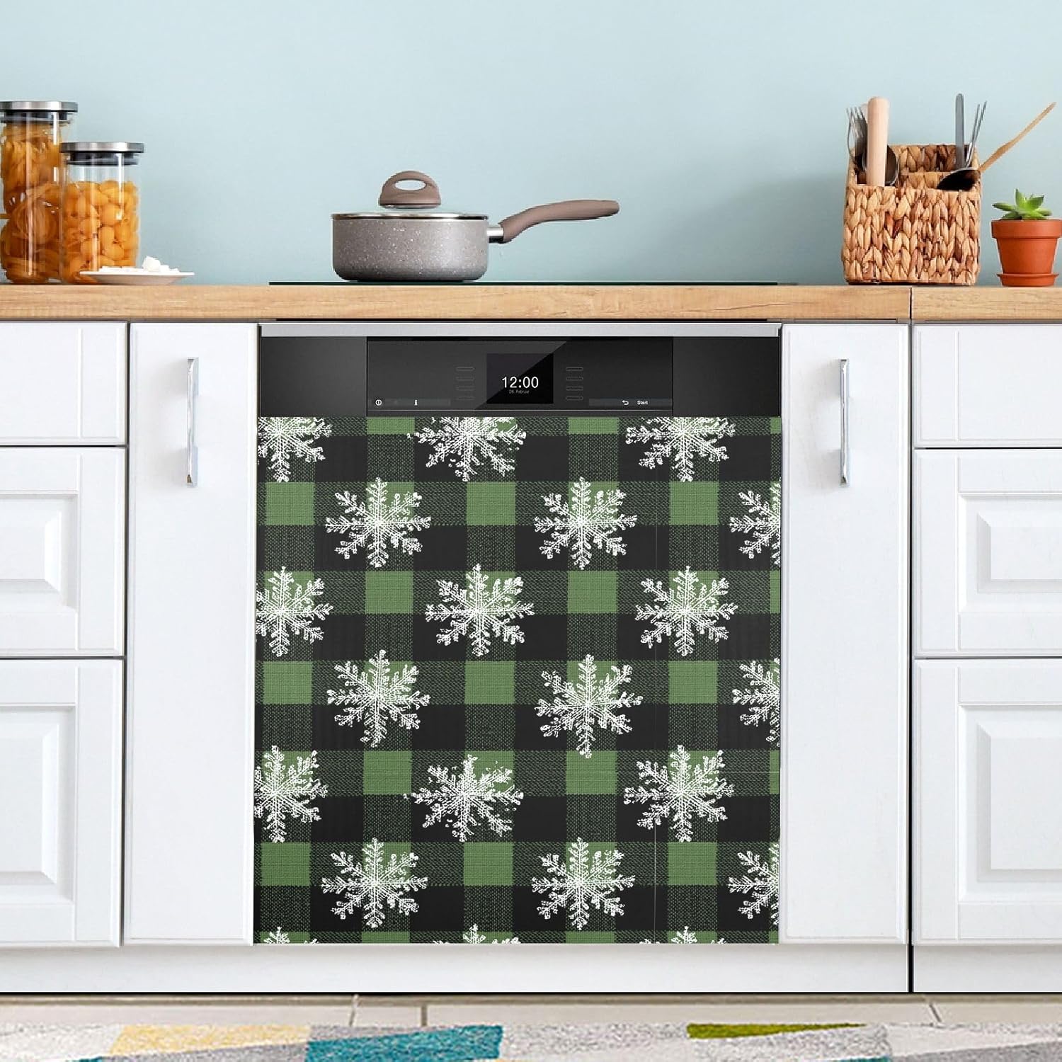 Pfrewn Christmas Winter Magnetic Dishwasher Cover Snowflakes Green Buffalo Plaid (1) Fridge Door Covers Kitchen Decal Vinyl Panel Decorative Refrigerator Laundry Appliances 23x26in