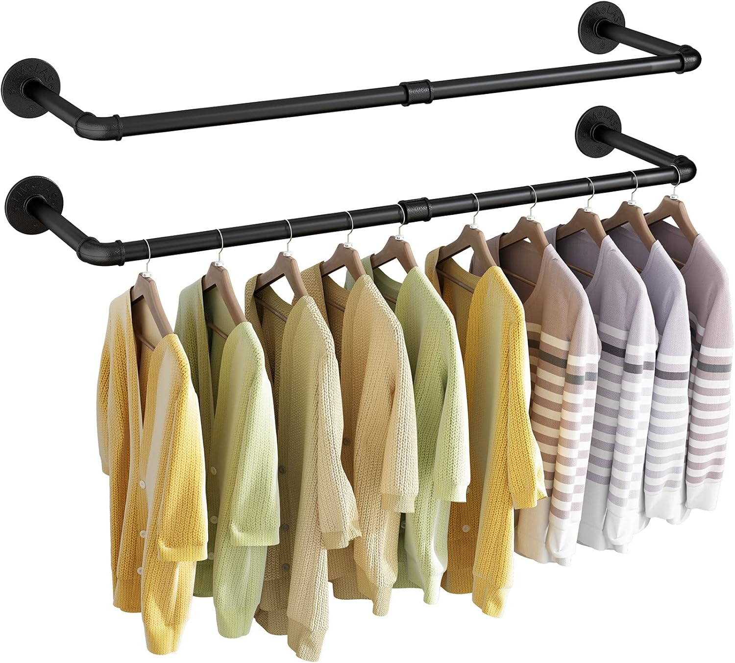 Wall Mounted Clothes Rack 24in, Industrial Pipe Wall Mount Clothing Rack, Heavy Duty Iron Garment Racks, Space Saver Multi-purpose Hanging Rod for Laundry Room, Closet Storage, 2 Packs