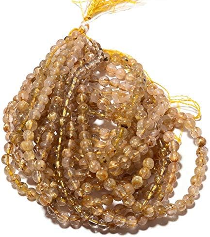 5 Strands Wholesale Golden Rutilated Quartz Round Beads, 7mm Gold Rutilated Quartz Smooth Round Beads, 15 Inches Each