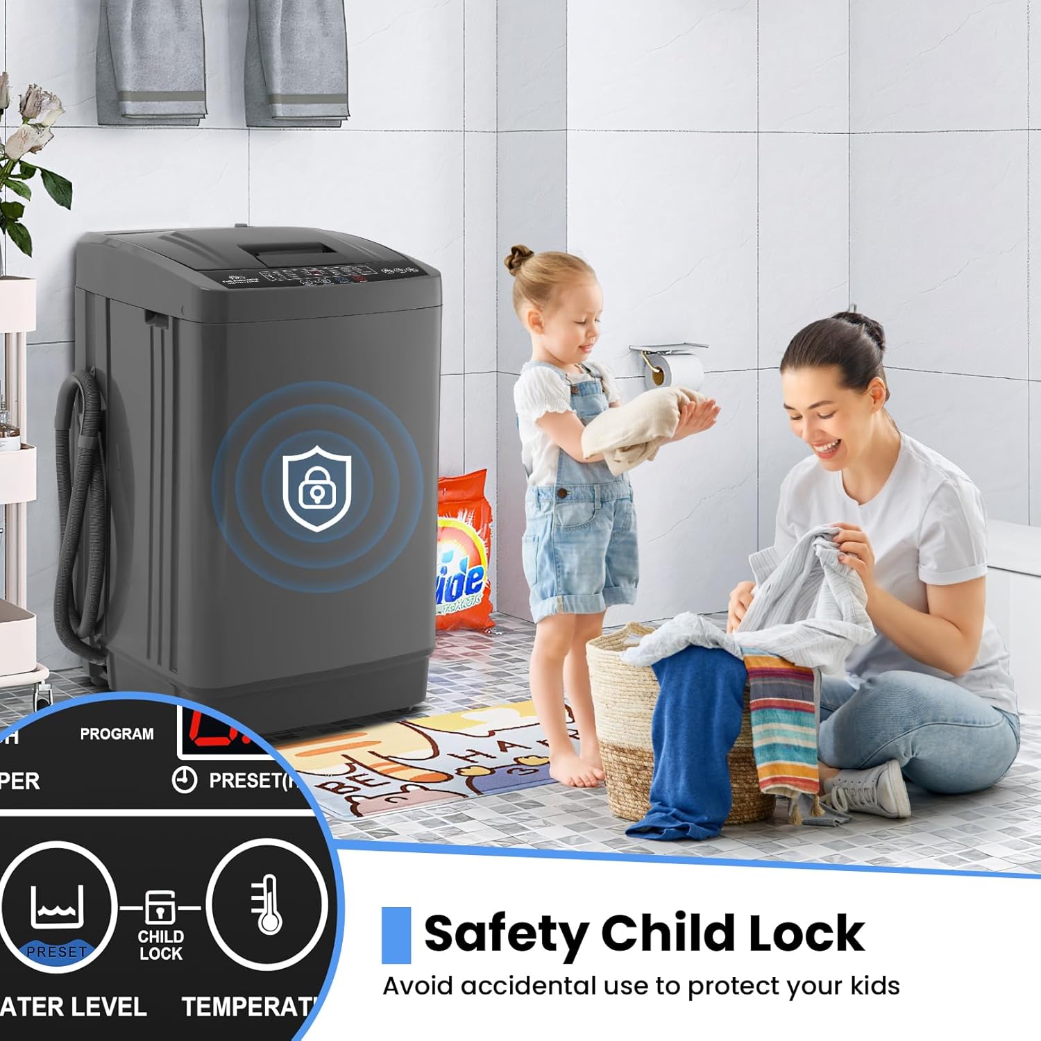 Nictemaw Portable Washing Machine 17.8 lbs Fully Automatic Portable Washer with LED Display, 10 Programs 8 Water Levels, 2.4 Cu.ft Compact Laundry Washer with Drain Pump for Apartment, Dorm, Home, RVs