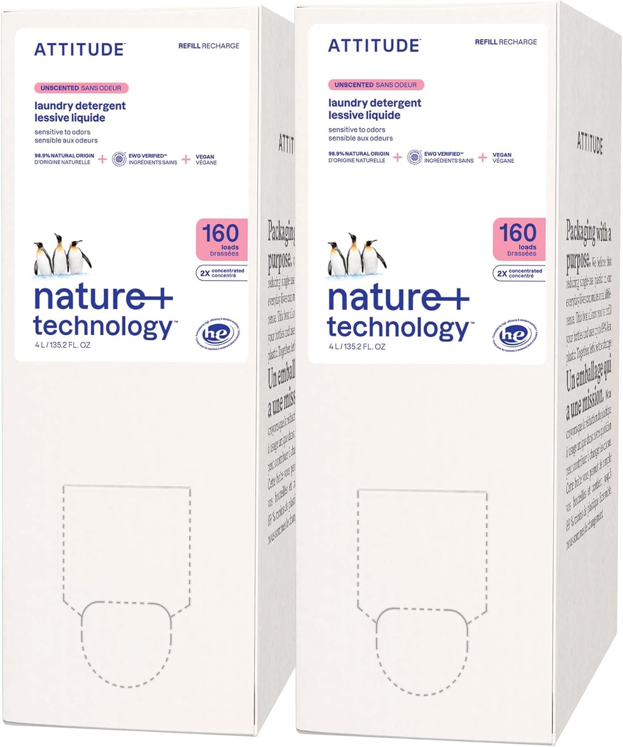 ATTITUDE Liquid Laundry Detergent Refill, EWG Verified, HE Compatible, Plant-Based & Vegan, Natural Laundry Soap, Unscented, 160 Loads, 135.26 Fl Oz (Pack of 2)