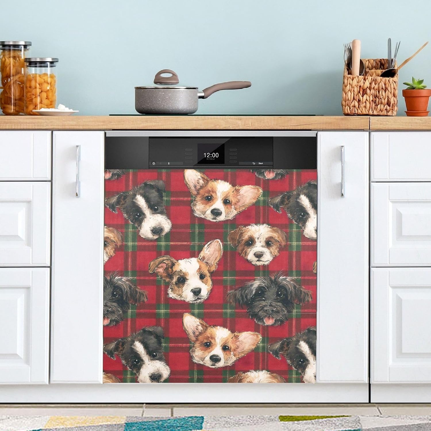 Pfrewn Christmas Winter Magnetic Dishwasher Cover Cute Dog Faces Christmas Tartan Fridge Door Covers Kitchen Decal Vinyl Panel Decorative Refrigerator Laundry Appliances 23x26in