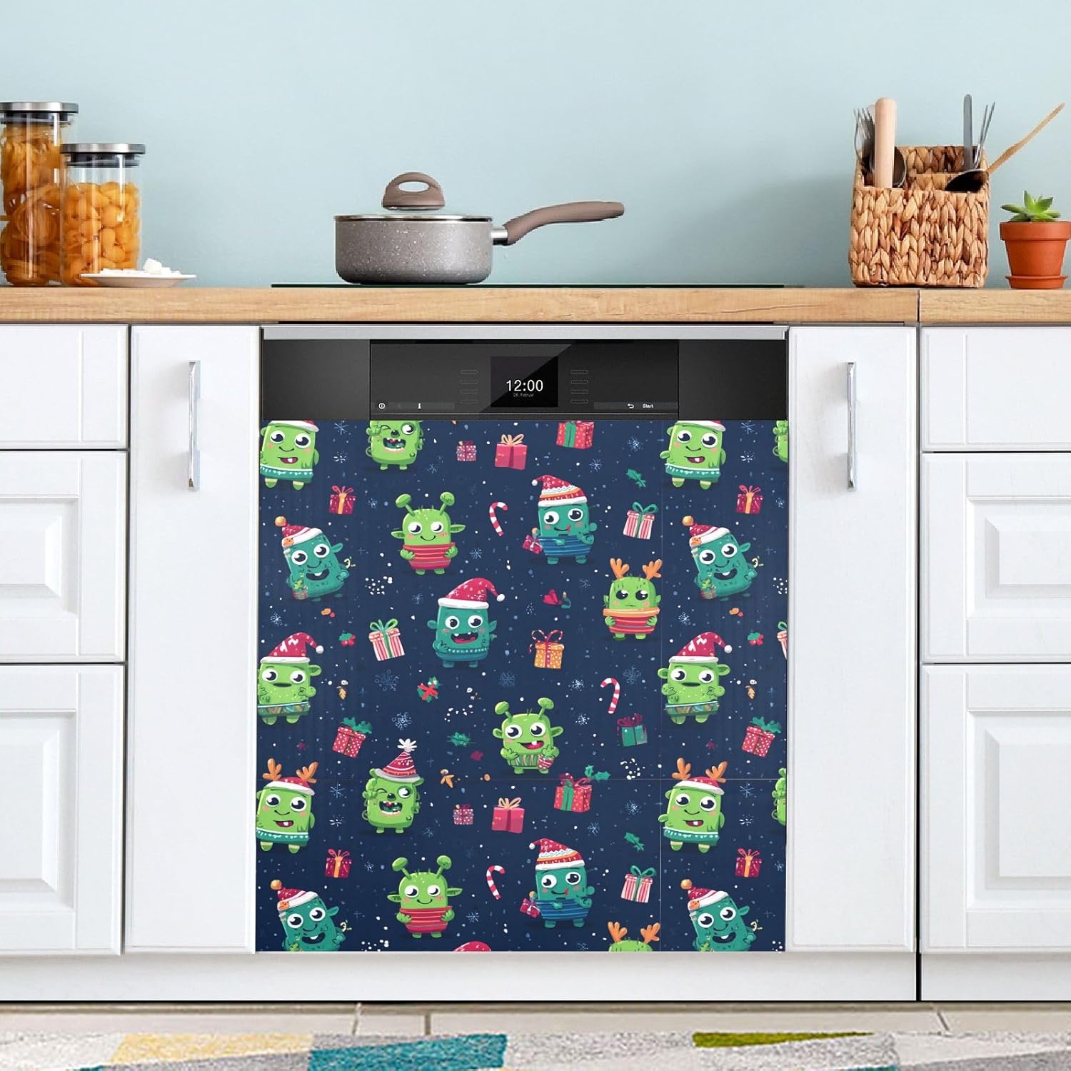 Pfrewn Christmas Winter Magnetic Dishwasher Cover Christmas Green Alien Fridge Door Covers Kitchen Decal Vinyl Panel Decorative Refrigerator Laundry Appliances 23x26in