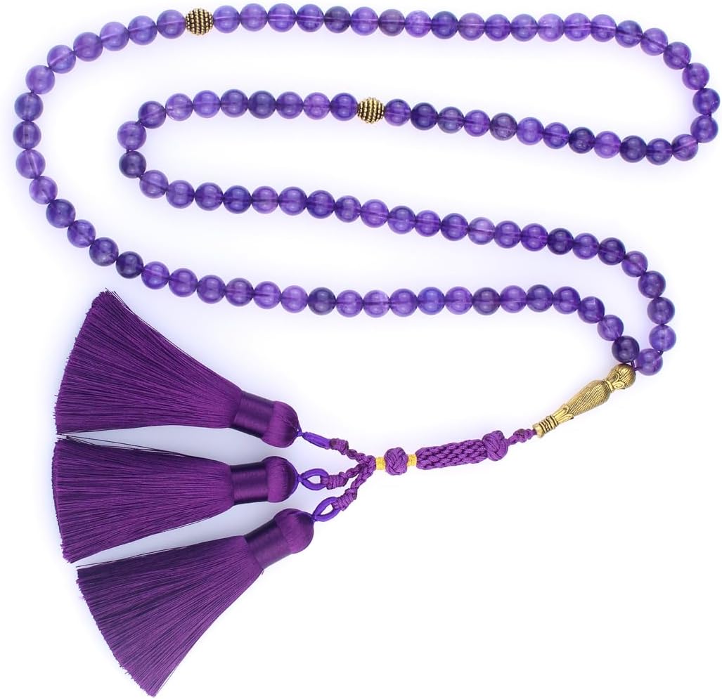 Muslims Islamic Dhikr Tasbeeh Tasbih Prayer Beads, 99 Amethyst Purple Crystal Beads with Tassel