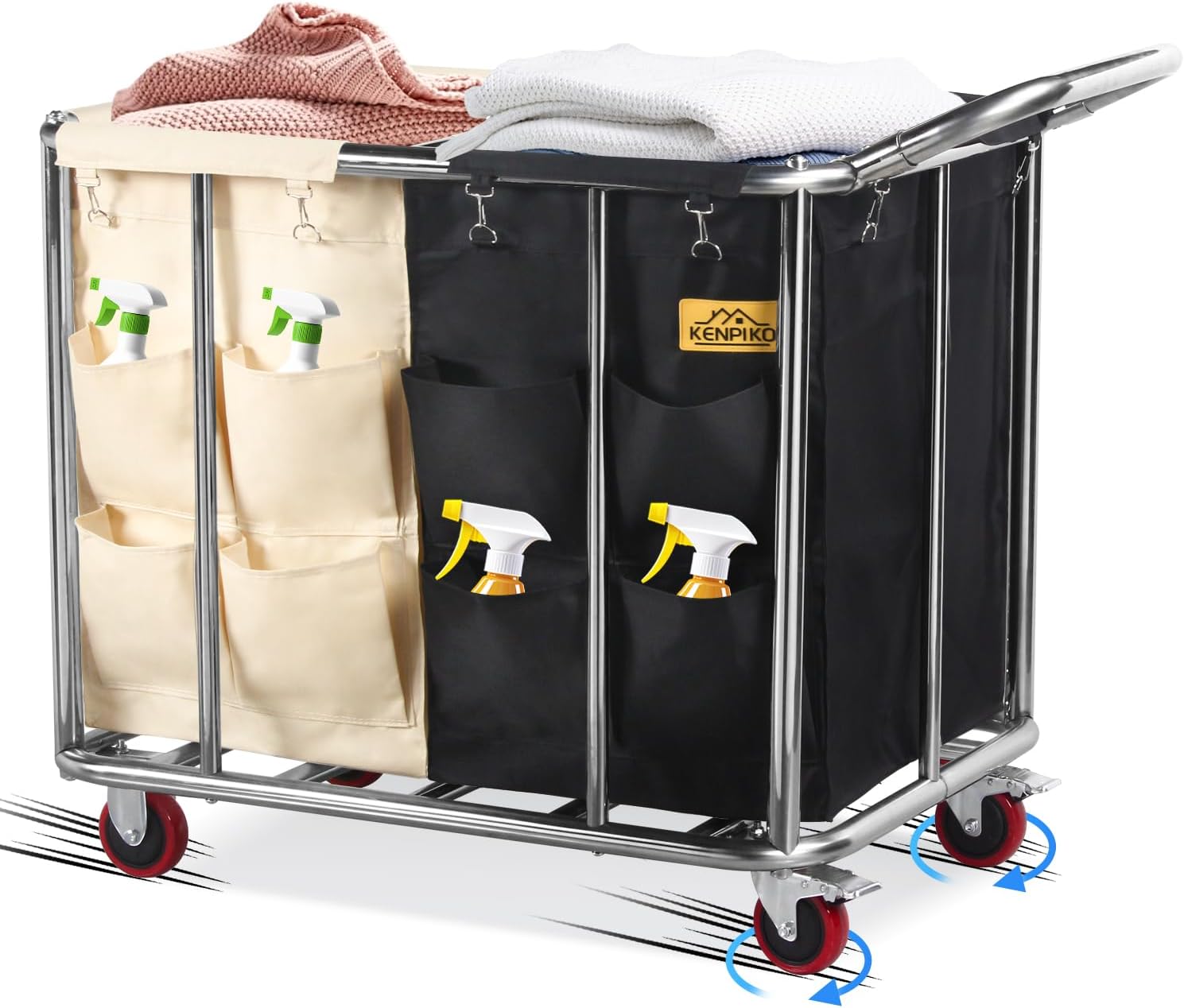 Laundry Cart with Wheel,Rolling Laundry Sorter Cart 2 Bag,300L Large Laundrys Carts with Wheel Heavy Duty Industrial Laundrys Basket with Steel Frame and Removable Bag for Hotel,Home