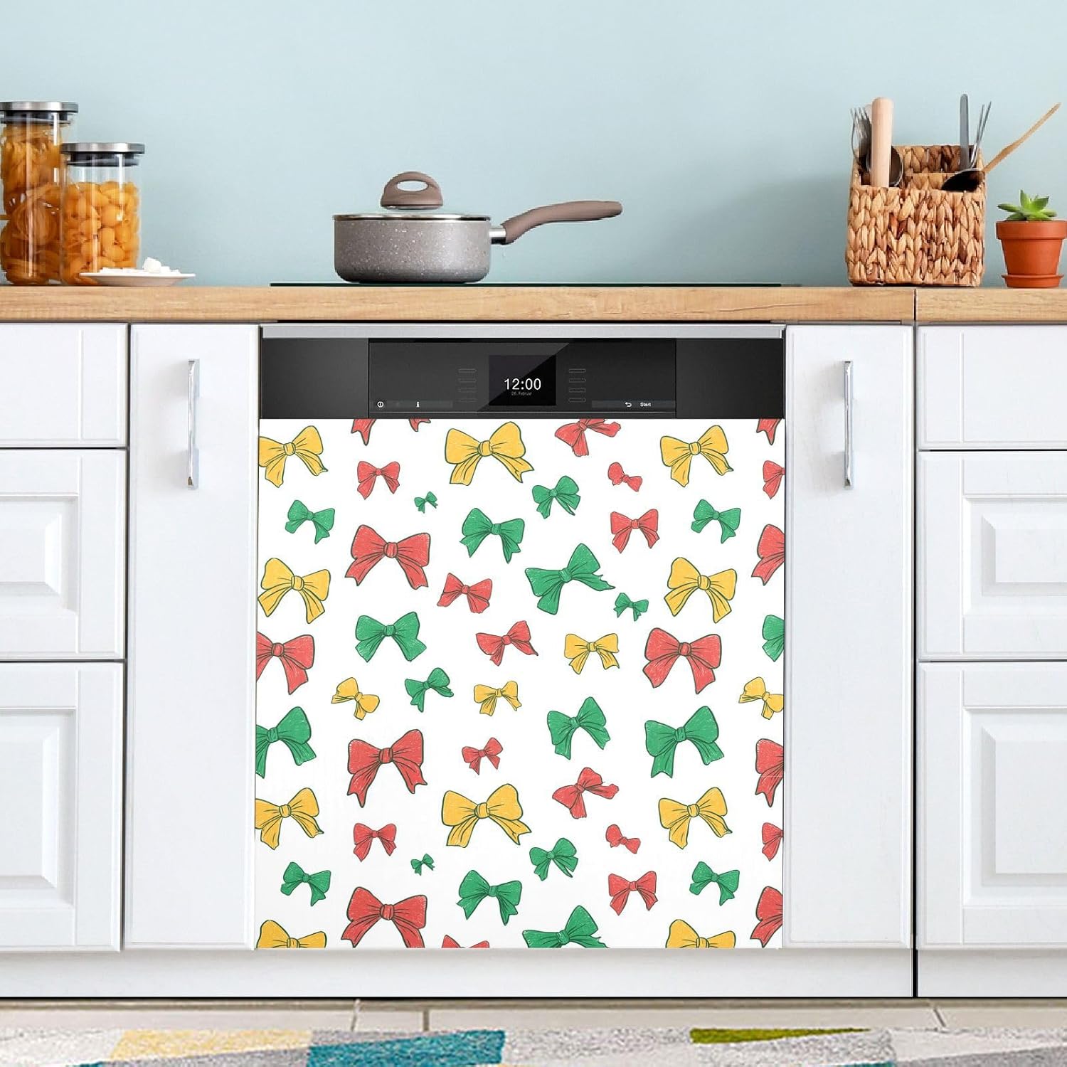 Pfrewn Christmas Winter Magnetic Dishwasher Cover Cute Bows Colored Christmas (1) Fridge Door Covers Kitchen Decal Vinyl Panel Decorative Refrigerator Laundry Appliances 23x26in