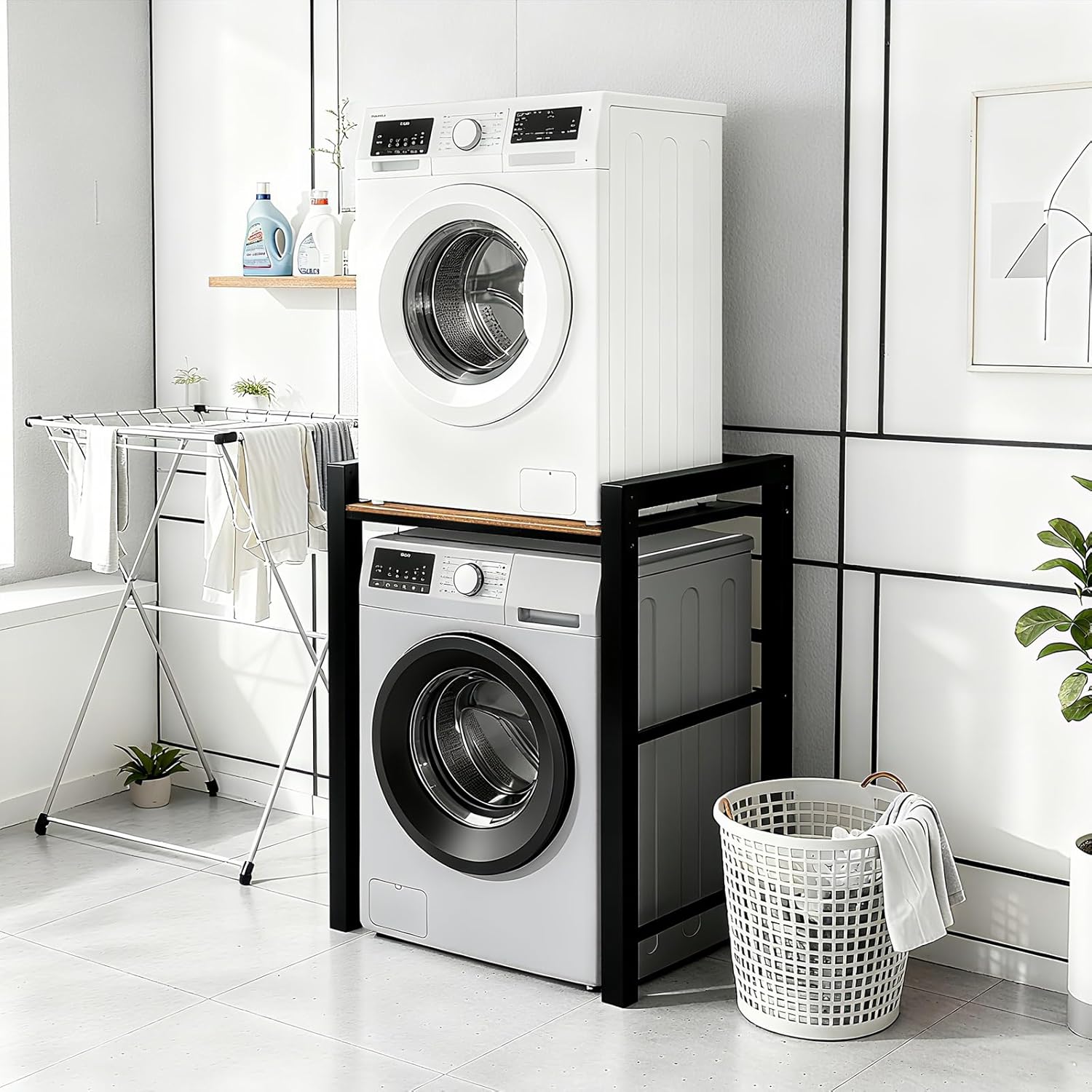 Portable Washer and Dryer Stand, Heavy Duty Steel Shelf Over Washer and Dryer, Laundry Room Organizer with Adjustable Laminate, Washing Machine Shelf for Bathroom and Laundry Room (Black)