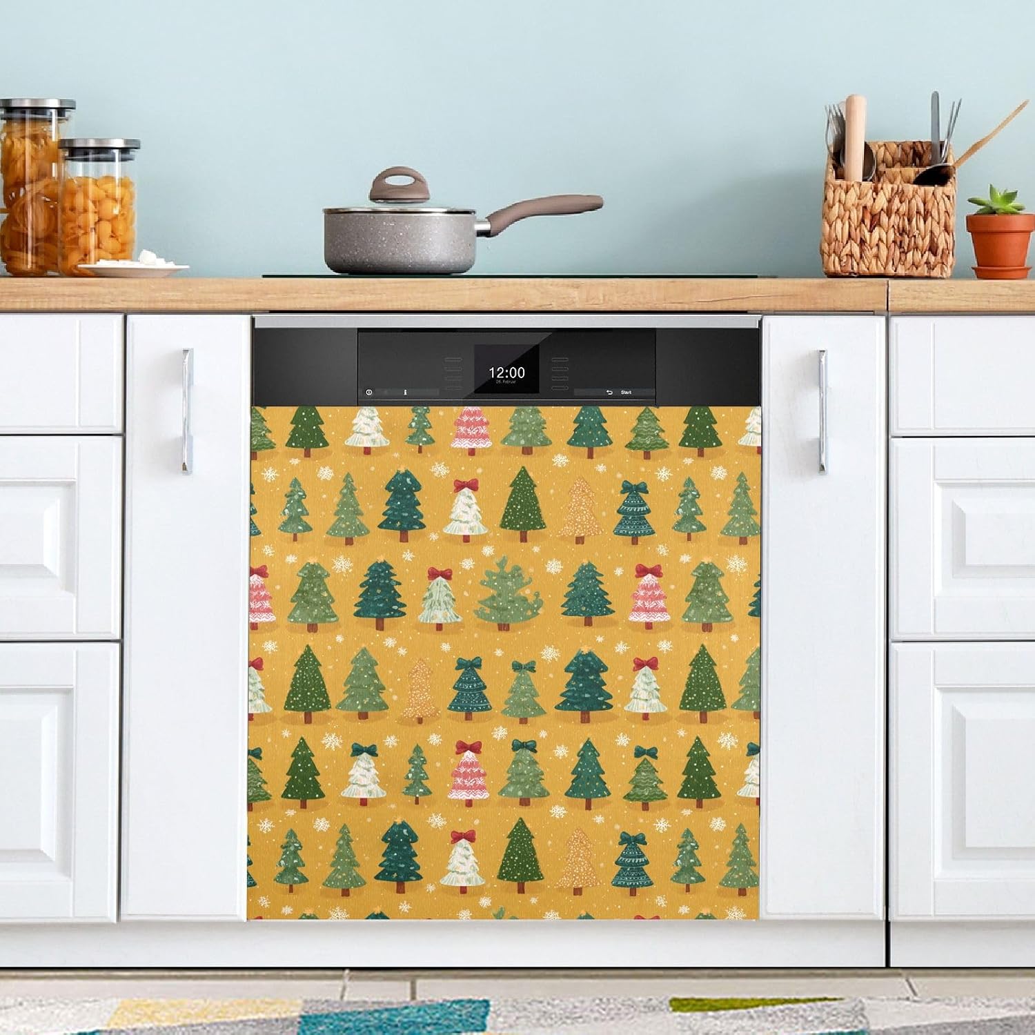 Pfrewn Christmas Winter Magnetic Dishwasher Cover Christmas Trees with Bows Snow (3) Fridge Door Covers Kitchen Decal Vinyl Panel Decorative Refrigerator Laundry Appliances 23x26in