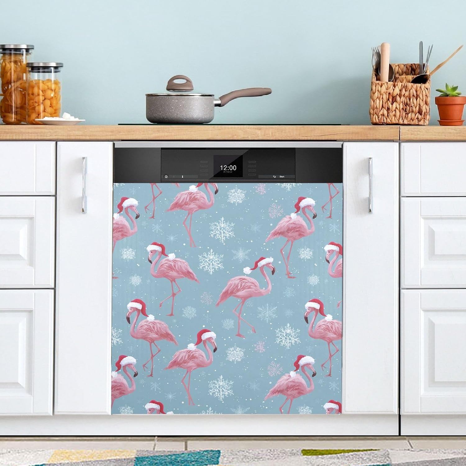 Pfrewn Christmas Winter Magnetic Dishwasher Cover Flamingos in Santa Hats Snow (2) Fridge Door Covers Kitchen Decal Vinyl Panel Decorative Refrigerator Laundry Appliances 23x26in
