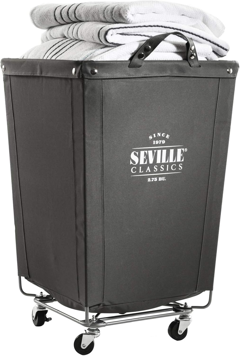 Seville Classics Large Commercial Heavy Duty Rolling Steel Frame Laundry Hamper Canvas Cart Bin, w/ Wheels for Hotel, Home, Closet, Bedroom (PATENTED), Gray, 18.1