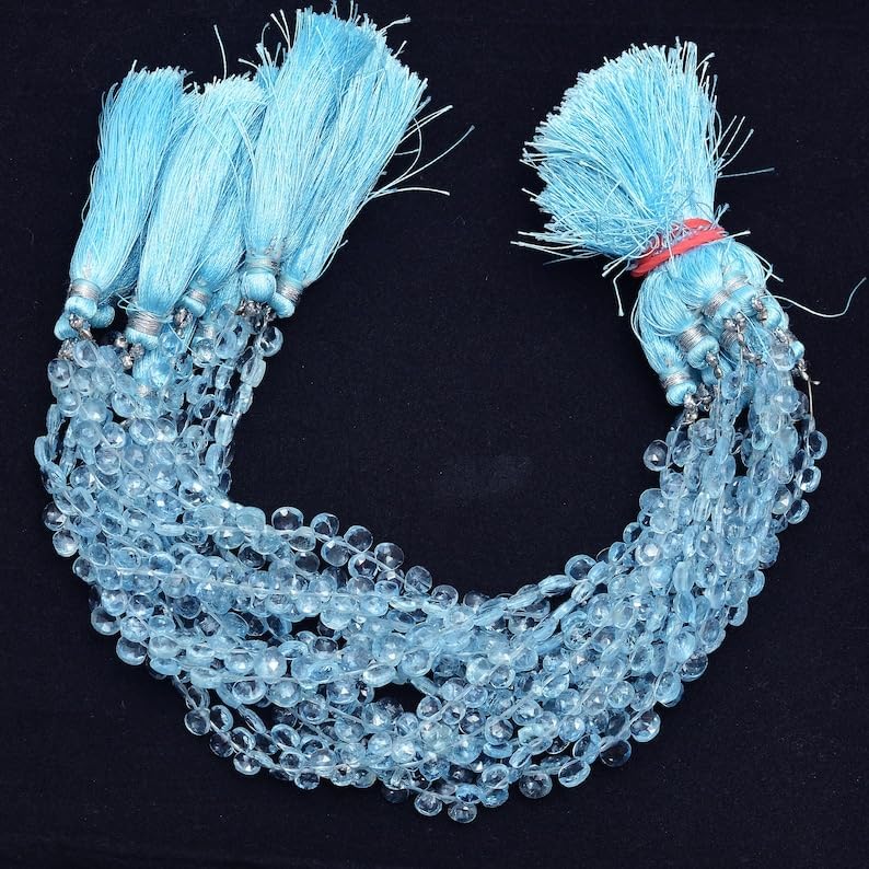 8 inch Strand of Natural Aquamarine 5-6mm Heart Faceted briolette Beads for DIY Jewelry Making. |BRIO_00600