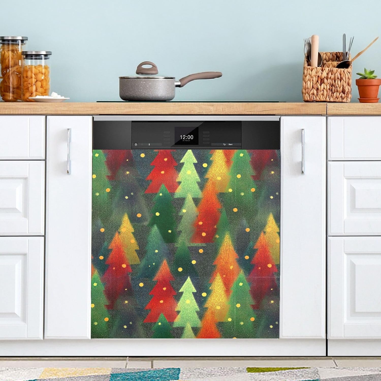 Pfrewn Christmas Winter Magnetic Dishwasher Cover Christmas Trees with Colored Lights (1) Fridge Door Covers Kitchen Decal Vinyl Panel Decorative Refrigerator Laundry Appliances 23x26in