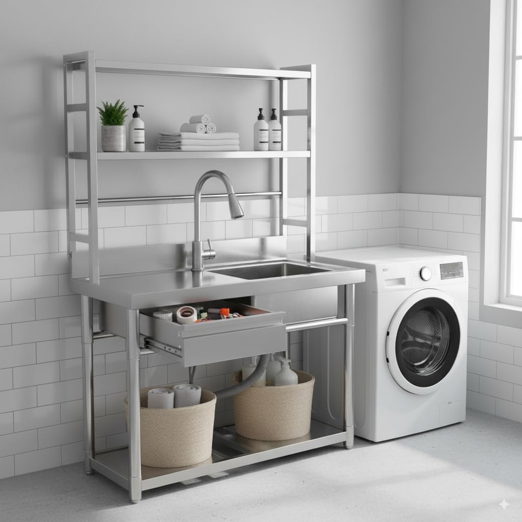 39.3'' Stainless Steel Utility Sink with Shelves & Left Drawer & Cold and Hot Water Pipes & Pull-Out Faucet & Adjustable Legs, Laundry Sink with Cabinet for Kitchen Garage Laundry Room (Right Bowl)