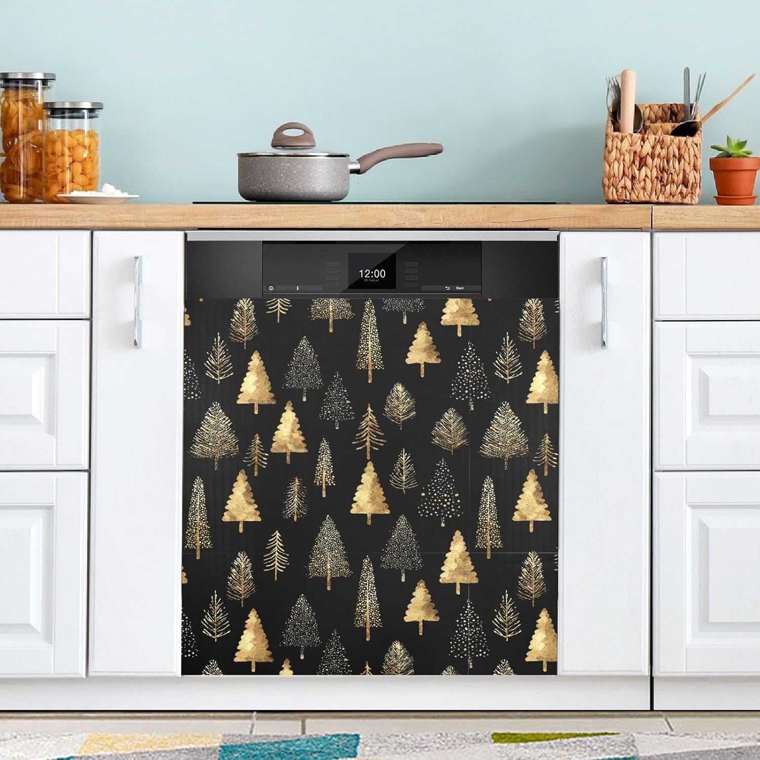 Pfrewn Christmas Winter Magnetic Dishwasher Cover Golden Glitter Christmas Trees Black Fridge Door Covers Kitchen Decal Vinyl Panel Decorative Refrigerator Laundry Appliances 23x26in