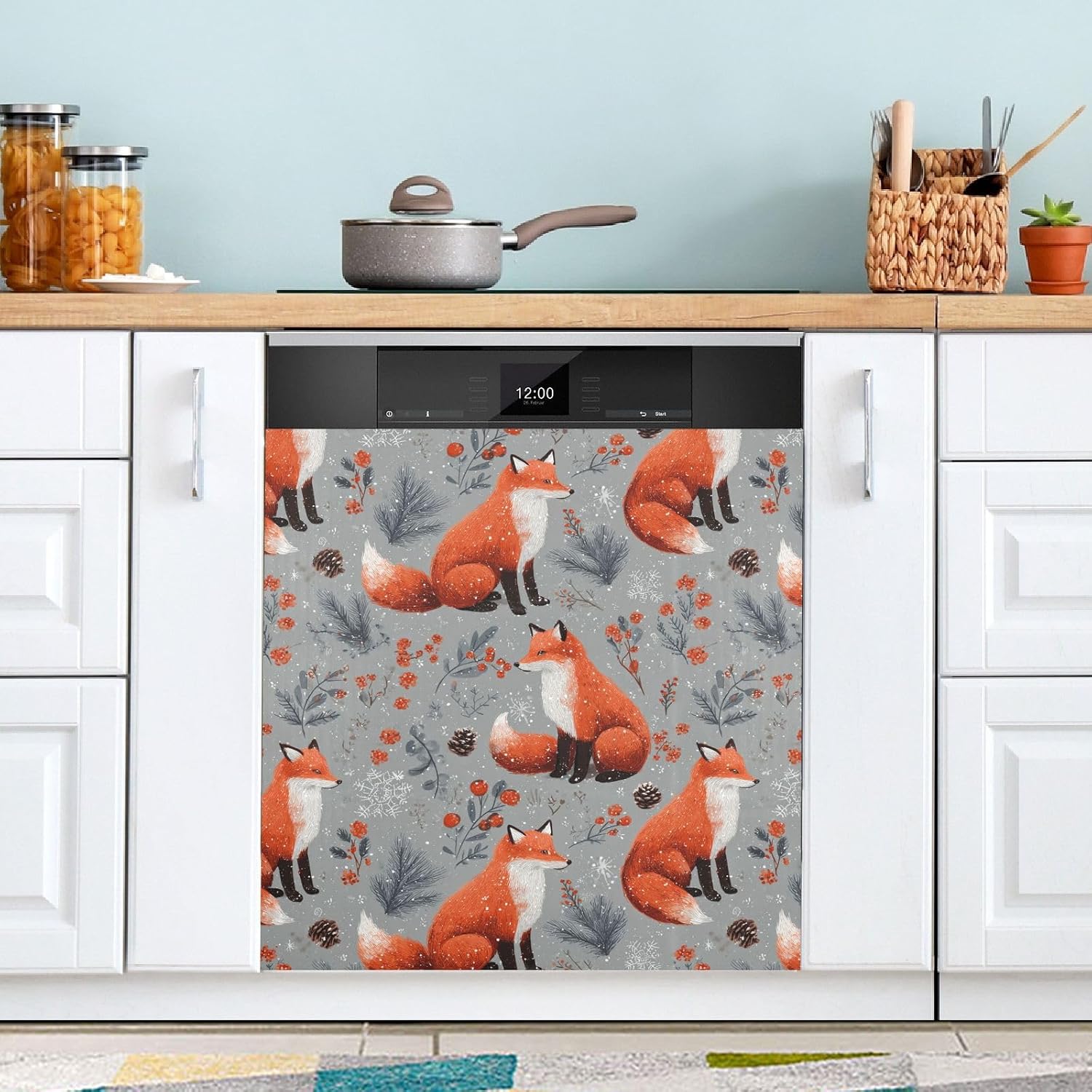 Pfrewn Christmas Winter Magnetic Dishwasher Cover Christma Red Fox Animals Fir Trees (2) Fridge Door Covers Kitchen Decal Vinyl Panel Decorative Refrigerator Laundry Appliances 23x26in