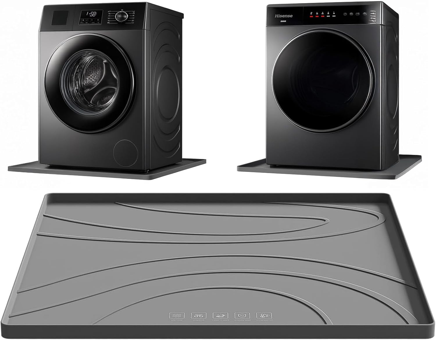 Washing Machine Drain Pan, 26.5 x 26.5 Inch, Non-Slip Waterproof Silicone Mat, Anti-Vibration Drip Tray for Washer and Dryer