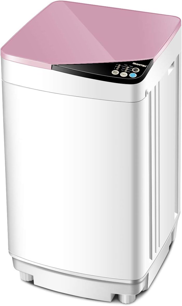 Giantex Full-Automatic Washing Machine Portable Washer and Spin Dryer 7.7 lbs Capacity Compact Laundry Washer with Built-in Barrel Light Drain Pump and Long Hose for Apartments Camping (White & Pink)