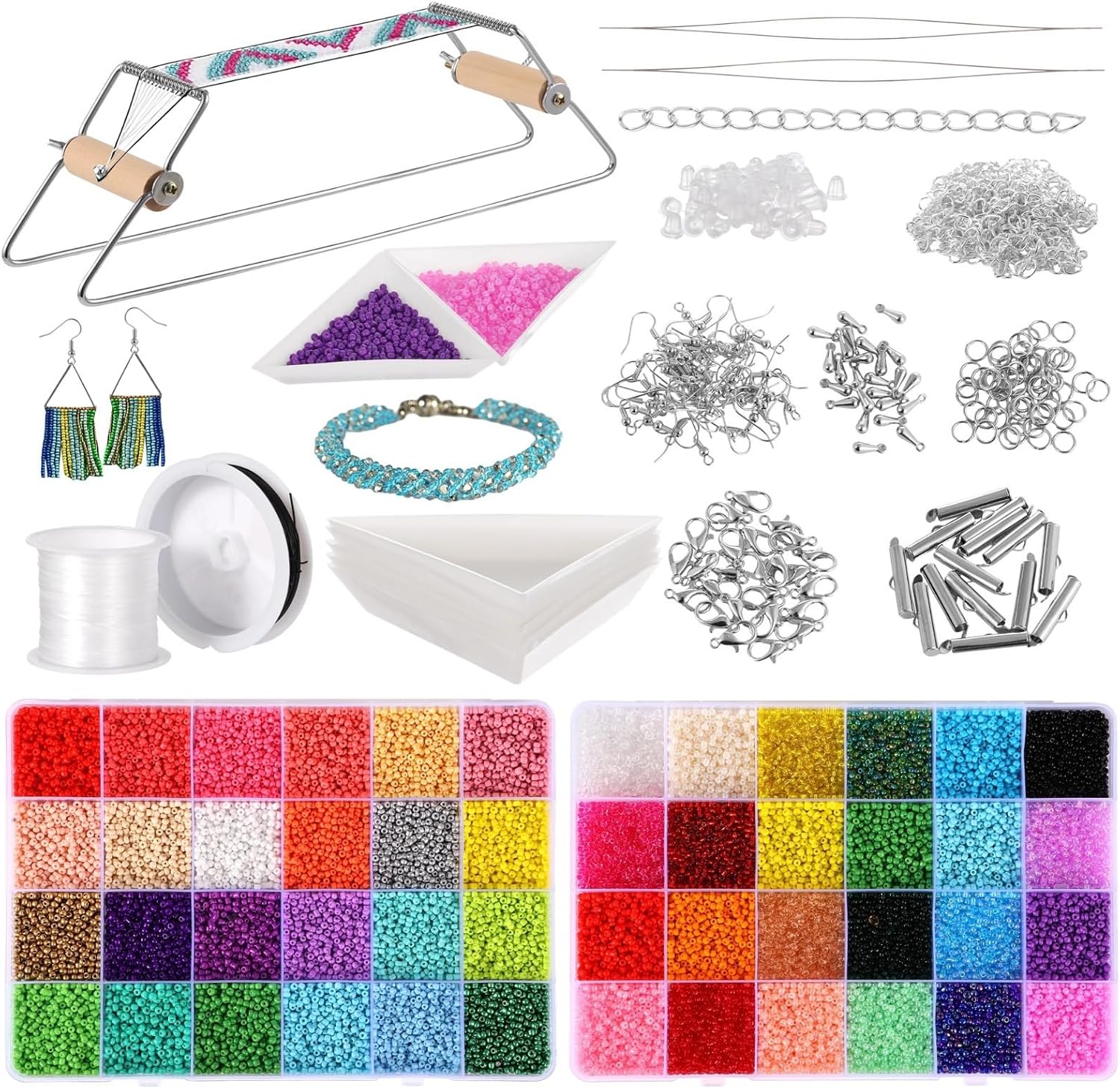 Adjustable Metal Bead Kit with 46,000 Glass Seed Beads, 2 Needles, Bead Trays, and Tools for DIY Jewelry Projects Like Bracelets, Necklaces, and Earrings