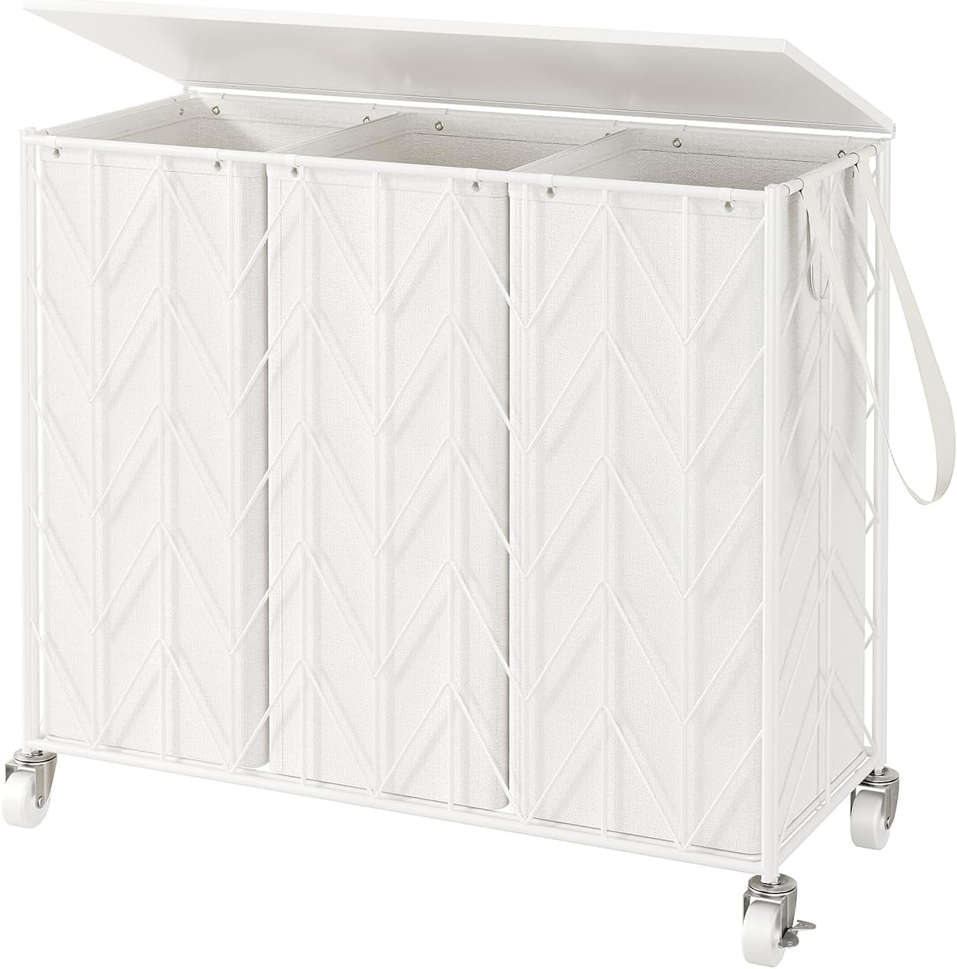 WOWLIVE Laundry Basket with Wheels, 142L Laundry Hamper 3 Section with Lid, Dirty Clothes Hamper with Removable Bags, Large Capacity Iron-Made Laundry Basket Organizer Laundry Sorter for Dorm, White